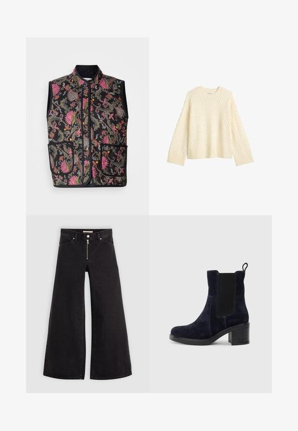Svart quiltet vest med et fargerikt blomsterdesign med rosa og flerfargede detaljer, to frontlommer og knappelukking.; Kremfarget strikket genser med en teksturert fiskebensmønster, rund halslinning og ribbestrikkede mansjetter og kant.; Vide benbukser i sort denim med glidelås i front, fem-lomme design og subtile sømdetaljer. Glatt tekstur og avslappet stil.; Mørkeblå skinn ankelsko med elastisk sidepanel, avrundet tå og blokkhelt. Tekstilt stoff og glatt såle gir kontrast.