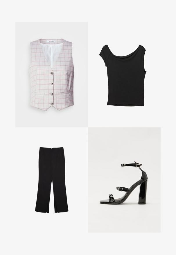 Světle šedá vesta s růžovým kostkovaným vzorem, výstřih do V, šest stříbrných knoflíkových zapínání a dvě přední kapsy. Vyrobena z texturované látky.; Černý krátký rukáv top vyrobený z hladké látky; má drapovaný výstřih a asymetrický lem, s přiléhavým střihem.; Černé kalhoty s rovným střihem, s předními kapsami a bočními rozparky na lemu. Vyrobené z jemné, hladké tkaniny. Vhodné na různé příležitosti.; Černé lakované sandály na podpatku se čtveratou špičkou, lýtkovými pásky a stříbrnými přezkami. Disponují masivním blokovým podpatkem pro stabilitu.