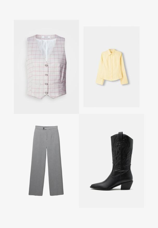 Hellgraue Weste mit pinkem Karomuster, V-Ausschnitt, sechs silbernen Knopfverschlüssen und zwei Fronttaschen. Hergestellt aus strukturiertem Stoff.; Gelb gestreifter Hemd mit langen Ärmeln, spitzem Kragen und vorderer Knopfverschluss. Hat vertikale blaue Streifen und eine taillierte Passform.; Graue maßgeschneiderte Hosen mit weitem Bein, flacher Front und subtiler Textur. Mit einem einzigen Knopfverschluss und klaren Linien.; Schwarze Leder-Cowboy-Stiefel mit spitzem Zeh, geprägten, wirbelnden Mustern und einem mittelhohen Absatz. Mit einem Zuglasche für einfaches An- und Ausziehen.