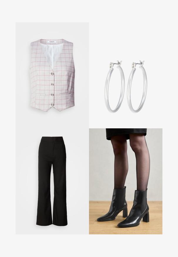 Svijetlosiva prsluk s ružičastim uzorkom u kockice, dekolte u obliku slova V, sa šest zatvarača od srebrne boje i dva prednja džepa. Izrađen od teksturirane tkanine.; Mornarski džemper s rol kragnom i dugim rukavima. Napravljen od mekog materijala s glatkom teksturom. Ima uski kroj i visoku kragnu bez vidljivih šavova.; Crne široke hlače s glatkom teksturom, visokim strukom i jednostavnim dizajnom. Bez vidljivih džepova ili ukrasa.; Crne kožne gležnjače s šiljastim vrhom, robusnim četvrtastim potplatom i elegantnim dizajnom. Imaju elastične bočne panele za jednostavno oblačenje.; Srebrne kružne naušnice s glatkom, poliranom površinom. Okrugli oblik i sigurno kopčanje na klik. Lagani dizajn pogodan za svakodnevno nošenje.