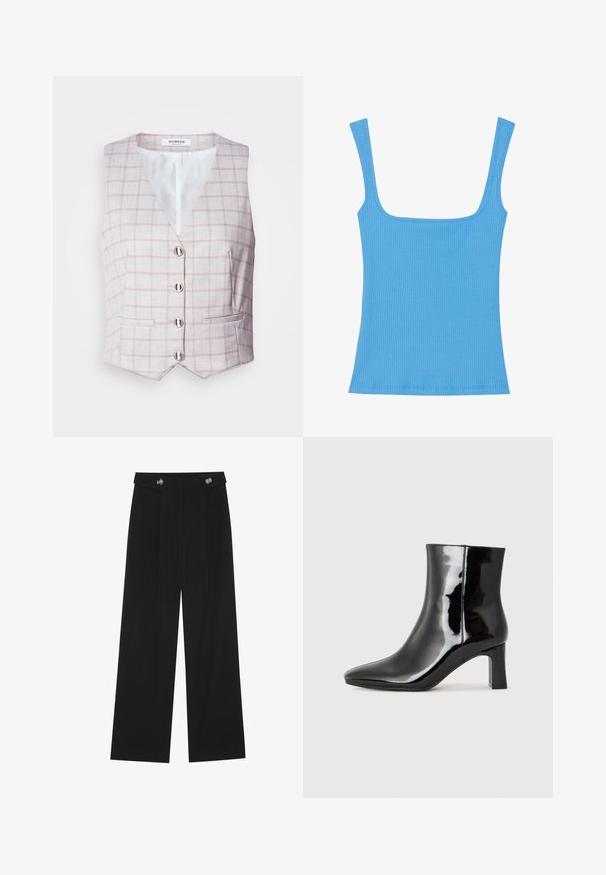 Colete cinza claro com padrão de grelha rosa, decote em V, seis fechos de botão prateados e duas bolsos frontais. Feito de tecido texturizado.; Top de alças azul canelado com decote quadrado largo, design sem mangas e silhueta justa. Textura suave com bordas costuradas de forma cuidada.; Calças largas pretas com cintura alta, detalhes em botão na cintura e pregas frontais.; Botim de tornozelo em pele sintética preta com bico apontado e salto bloco de altura média. Textura suave e design minimalista.