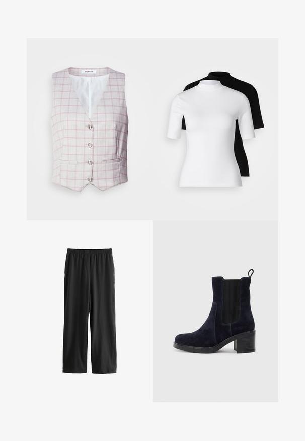 Heled hall vest roosa ruudumustriga, V-kaelus, kuus hõbedast nööbiligat, ja kaks eesmist taskut. Valmistatud tekstuurse kangast.; Kaks kõrvuti istuvat kõrge kaelusega tippu valges ja mustas. Lühikesed varrukad, sile puuvillane materjal ja keha lähedane disain. Ilma mustrite ja graafikata.; Mustad, põlveliigist ulatuvad püksid, mis on valmistatud kerge kangaga. Elastne vöökoht ja sile tekstuur, sirge jala disain. Ei mingeid nähtavaid detaile ega mustreid.; Tumedat siniset nahast sääre pooled saapad elastse külgpaneeliga, ümmarguse ninaga ja blokkninaga. Tekstuuriga kangas ja siledad tallad lisavad kontrasti.