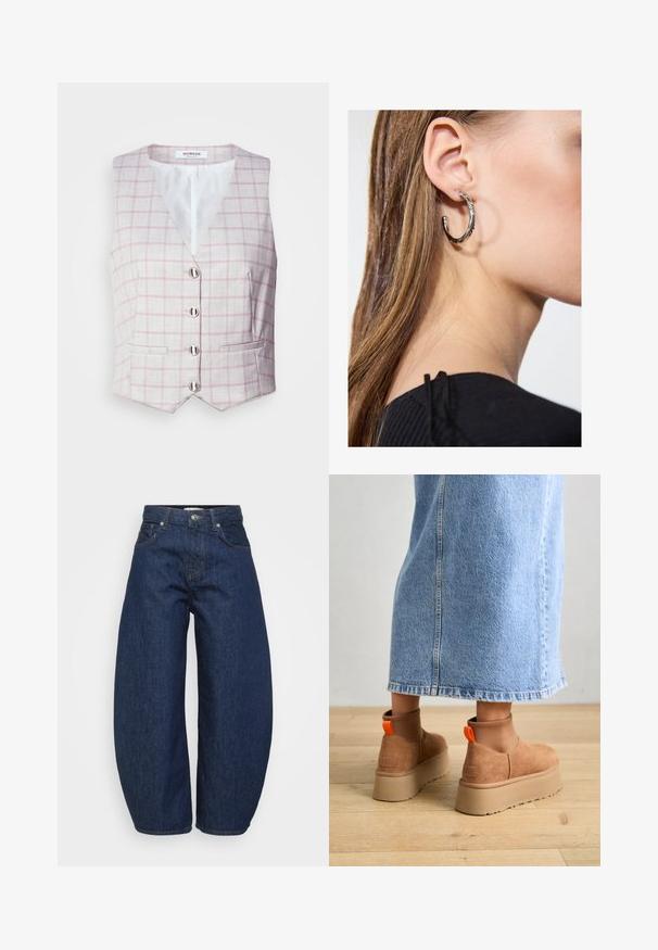 Heled hall vest roosa ruudumustriga, V-kaelus, kuus hõbedast nööbiligat, ja kaks eesmist taskut. Valmistatud tekstuurse kangast.; Even&Odd Petite 2 PACK - Topp - light grey/black; Tumesinised teksapüksid laiade, lõdvalt istuvate lõigetega. Varustatud luku ja nelja taskuga ning kontrastse õmblusega õmbluste ääres.; Pruunid nahatooted platvormikontsad elastsete külgpaneelidega ja oranžide tõmbetuttidega, koos puusani ulatuva heleda denim-seelikuga puidust põrandal.; Hõbedane rõngas kõrvarõngas poleeritud viimistlusega, millel on väikesed kuldsed aktsendid ja ümmargune kuju, kantud lobus.