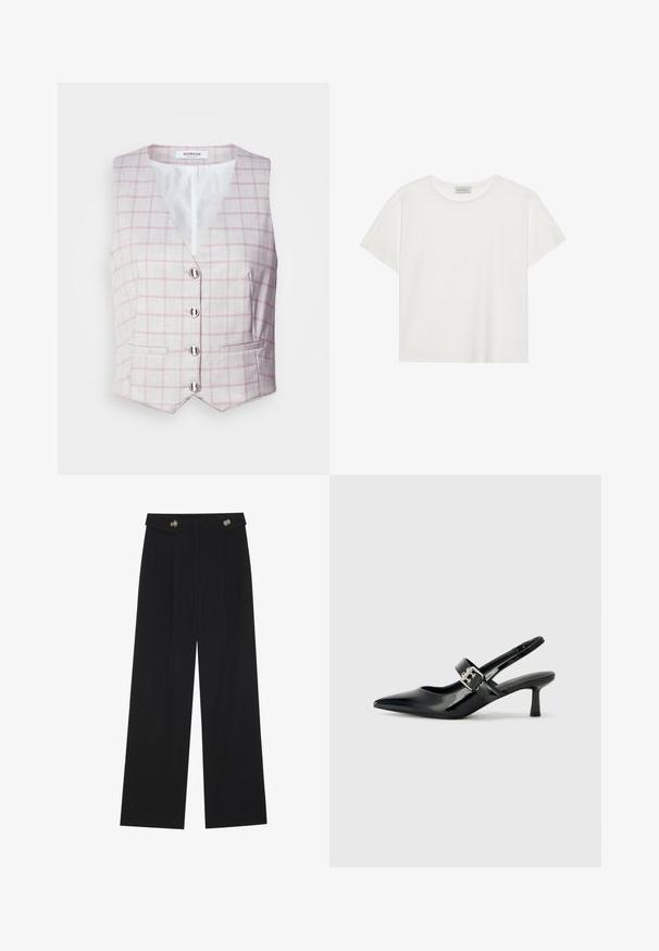 Light gray vest with pink grid pattern, v-neckline, six silver button closures, and two front pockets. Made from textured fabric.; White short-sleeve T-shirt made of soft cotton. Features a round neckline and relaxed fit. Clean design with no visible patterns or accents.; Black wide-leg trousers with high waist, button details on waistband, and front pleats.; Black patent leather slingback heels with a pointed toe and a small block heel, featuring a silver buckle accent on the strap.