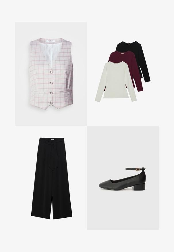 Jasnoszara kamizelka w różowy wzór w kratkę, dekolt w serek, sześć srebrnych guzików, oraz dwie przednie kieszenie. Wykonana z teksturowanej tkaniny.; Koszulki z długim rękawem w kolorach białym, burgundowym i czarnym. Wykonane z miękkiej tkaniny, z okrągłym dekoltem i dopasowanym krojem. Idealne do warstwowego ubierania.; Czarne spodnie szerokie z teksturowanej tkaniny, z elastycznym paskiem w talii i odpinanym paskiem w talii dla regulowanego dopasowania.; Czarne skórzane szpilki z ostrym noskiem i niskim słupkowym obcasem. Wyposażone w pasek na kostkę z złotym zapięciem. Gładka tekstura.