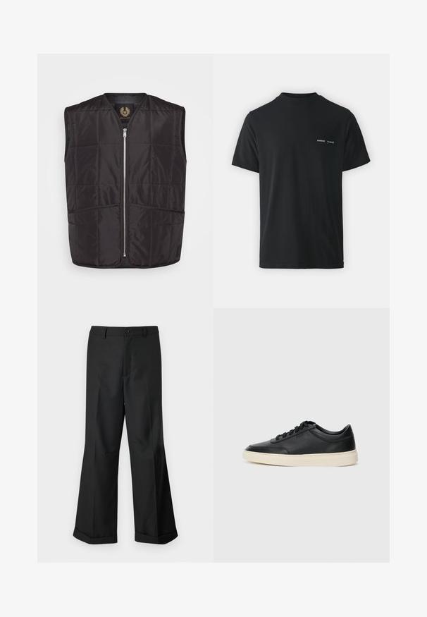 Black quilted vest with a front zip closure, two outer pockets, and a round neckline. Made from smooth, lightweight fabric.; Black cotton t-shirt with a classic crew neck, short sleeves, and two small white "SAMSØE" logos on the left chest.; Black wide-leg trousers with buttoned waistband and cuffed hems, displayed against a plain white background.; Black low-top leather sneaker with black laces and off-white sole shown in side profile on white background.