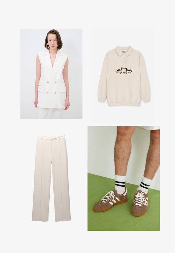 Witte op maat gemaakte vest met een diepe V-hals, dubbele knoopsluiting, gouden knoopaccenten en zijzakken; gladde stof, mouwloos ontwerp.; Kaotiko CREW PUPPIES UNISEX - Poloshirt - beige; Wijde broek in lichtbeige stof met een gladde textuur. Heeft een nauwsluitende tailleband, voorplooien en geen zichtbare zakken.; Bruine suède sneakers met witte accenten en veters. Rubberen gumzool. Draag met witte sokken met zwarte strepen. Groene gestructureerde vloer.