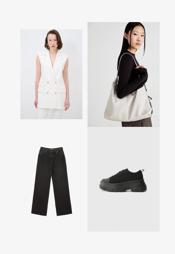 Weißes tailliertes Weste mit tiefem V-Ausschnitt, doppelreihigem Design, goldenen Knopfakzenten und seitlichen Taschen; glattes Material, ärmelloser Stil.; Schwarzes Trägershirt aus einem weichen Baumwollmix, mit Rundhals-Ausschnitt und breiten Trägern, in taillierter Passform und ohne sichtbare Muster.; Schwarze weit geschnittene Jeans aus Denim, mit kleinen gepunkteten Mustern, klassischem Fünf-Taschen-Design und einem Knopf- und Reißverschluss.; Schwarze Sneakers mit einer dicken Gummisohle, strukturiertem Obermaterial, runder Zehenpartie und Schnürdesign. Verfügt über verstärkte Ösen und eine Schlaufe an der Rückseite.; Beige Handtasche aus weichem Material, mit einem lässigen Design, gesteppten Details und zwei Schulterriemen. Geeignet für den täglichen Gebrauch.