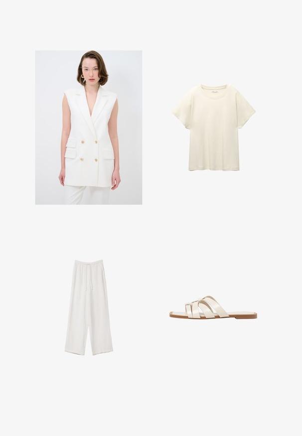 Gilet bianco su misura con scollatura a V profonda, design doppiopetto, rifiniture con bottoni dorati e tasche laterali; tessuto morbido, senza maniche.; Maglietta a maniche corte beige chiaro con scollatura rotonda, realizzata in un tessuto morbido e liscio. Presenta una vestibilità comoda e un orlo dritto.; Pantaloni a gamba larga bianchi realizzati in un tessuto leggero. Presentano una vita elastica con cordoncino e tasche laterali. Texture liscia.; Infradito con suola in gomma color talpa, progettate con tre cinturini in pelle bianca sovrapposti e un piccolo dettaglio a fiocco al centro.