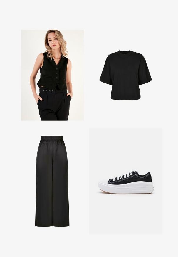 Schwarze, kurze Weste aus glattem Stoff mit tiefem V-Ausschnitt und fünf Knöpfen an der Vorderseite. Kombiniert mit hoch sitzenden schwarzen Hosen.; Schwarzes, kurz geschnittenes T-Shirt aus Baumwolle. Hat kurze Ärmel und einen runden Halsausschnitt. Glatte Textur mit einem schlichten Design, ohne zusätzliche Muster.; Schwarze, weit geschnittene Hosen aus glattem, glänzendem Stoff mit elastischem Bund und ohne sichtbare Taschen oder Metallteile.; Schwarze Canvas-Sneaker mit weißen Schnürsenkeln, weißer Gummikappe und einer massiven weißen Zwischensohle. Besondere Merkmale sind dezente weiße Nähte und eine Gummisohle.