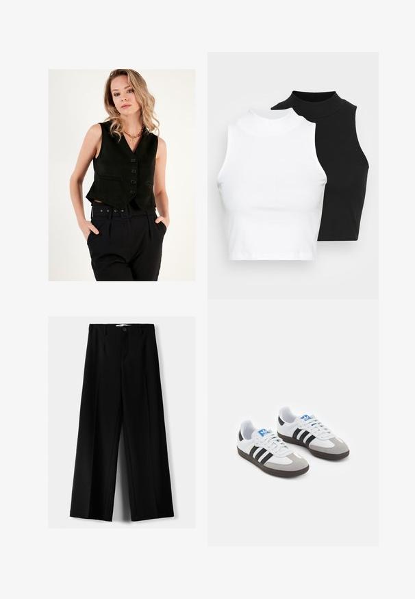 Črn uskaj modrček iz gladkega materiala, z globokim V-izrezom in petimi gumbi spredaj. Usklajeno z visokimi črnimi hlačami.; Dva brezrokavniki z rebrasto turtleneck gorami v črni in beli barvi, z oblikovanim dizajnom in gladko teksturo, v skrajšani dolžini.; Črne široke hlače iz lahkega materiala, z zapiranjem na gumb spredaj in ravnim sprednjim delom, s skrbno zašiti robovi.; Športni čevlji z belim usnjenim zgornjim delom, sivim semišem na prstih in tremi črnimi črtami. Imajo modro logo na jeziku in teksturiran gumijast podplat.