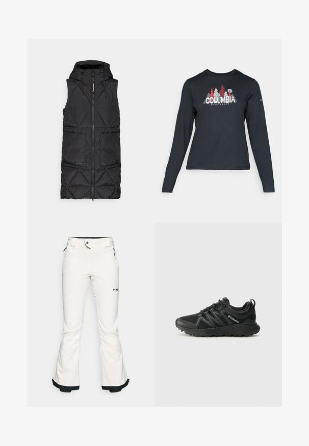 Czarna kamizelka puchowa z kapturem, posiadająca zamek błyskawiczny z przodu, wzór w diamentową kratę oraz dwie boczne kieszenie. Miękki, lekki materiał.; Długie rękawy, ciemnoszara koszula z grafiką czerwonych drzew i gór; logo "COLUMBIA" w wyraźnym białym tekście. Miękka tkanina, standardowy okrągły dekolt.; Białe spodnie narciarskie wykonane z miękkiego, elastycznego materiału. Posiadają dopasowaną talię, szerokie nogawki w kształcie dzwonów oraz czarne wykończenia na mankietach. Widoczne logo marki.; Columbia PEAKFREAK czarny