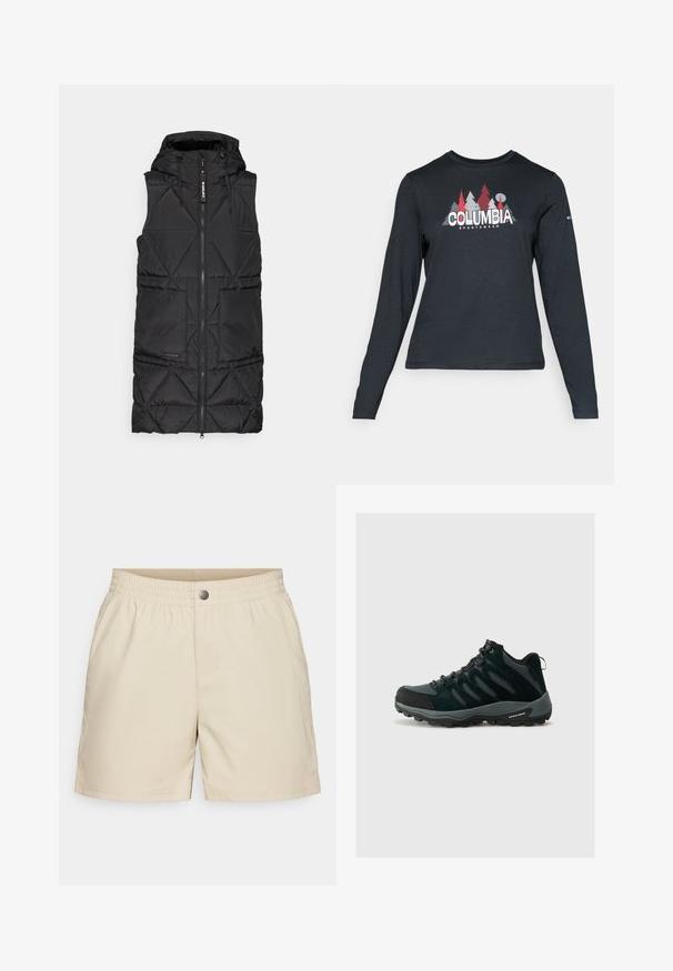 Černý puff vestibul s kapucí, vybavený předním zipem, vzorem v diamantovém prošívání a dvěma bočními kapsami. Měkký, lehký materiál.; Tmavě šedá dlouhá košile s grafikou červených stromů a hor; logo "COLUMBIA" v tučném bílém písmu. Měkká tkanina, standardní kulatý výstřih.; Béžové šortky z lehké tkaniny, s elastickým pasem, předními kapsami a jedním zacvakávacím uzávěrem, s hladkým povrchem.; Columbia REDMOND - Trekingové boty - black/citron haze