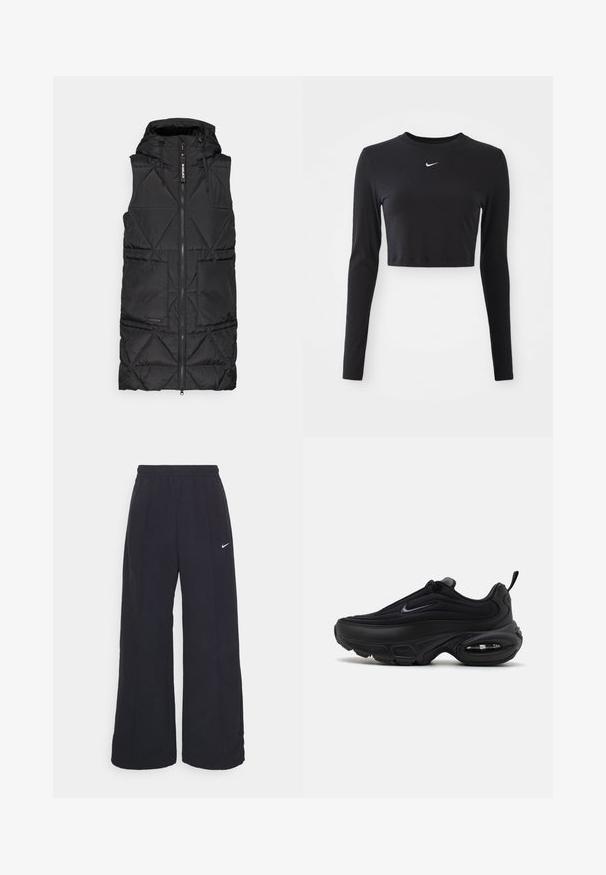 Sort puffer vest med hætte, der har en frontlynlås, diamantkviltet mønster og to sidelommer. Blødt, let materiale.; Sort langærmet cropped top lavet af blødt stof, med rund halsudskæring og et hvidt Nike-logo på brystet.; Sorte brede bukser med elastisk talje og et lille hvidt Nike-logo. Stoffet har en glat tekstur, designet til komfort og afslappet brug.; Sort atletiksko med en glat, struktureret overdel. Har en rund tå, polstret krave og synlig luftdæmpning i sålen.