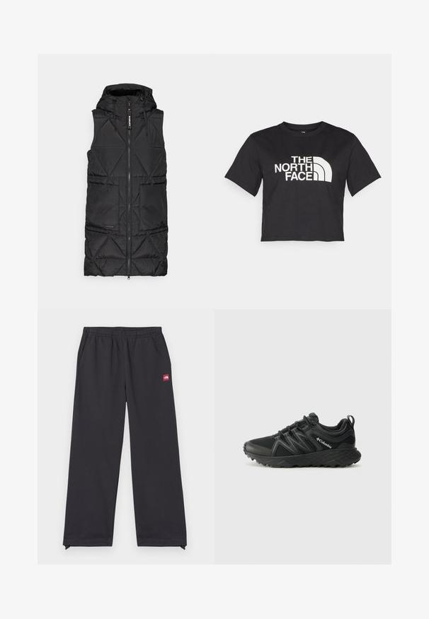 Must Black puffer vest, millekrae kappa, ees on esine lukk, teemantkihiline muster ja kaks külgpakki. Pehme, kerge materjal.; Must must kleidend t-särk, millel on valge logo ja kõverad aktsendid, esiküljel tekst "THE NORTH FACE". Lühikesed varrukad, ümar kaelus.; Mustad mustreid spordipüksid pehmest kangast, millel on maha lõige, elastne vöökoht, küljetaskud ning ees väike punane silt.; Columbia PEAKFREAK - Matkajalatsid - black