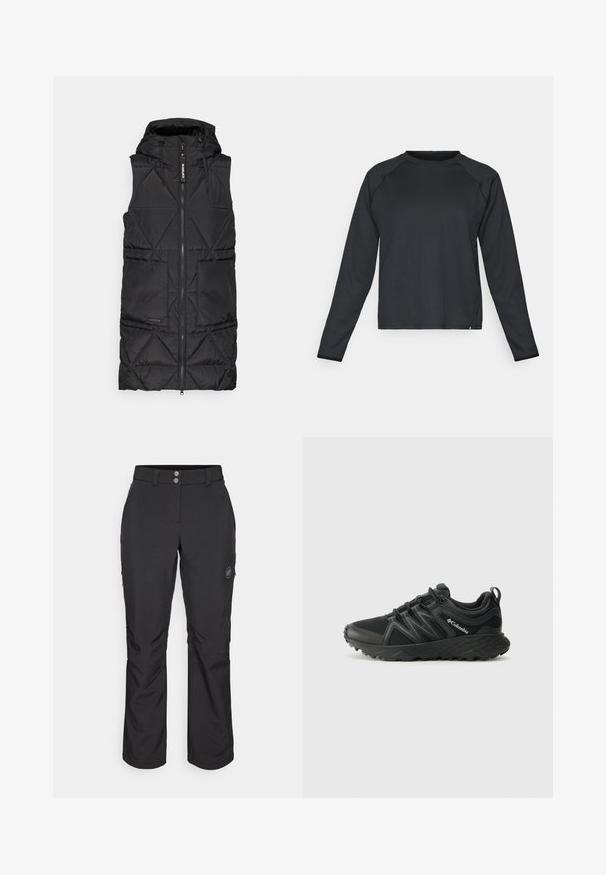 Gilet matelassé noir avec capuche, doté d'une fermeture éclair à l'avant, d'un motif en losanges et de deux poches latérales. Matériau doux et léger.; Chemise noire à manches longues en tissu texturé et côtelé. Dotée d'un col ras du cou et d'un ourlet arrondi, idéale pour les vêtements de sport.; Pantalons en extérieur noirs à coupe droite, dotés d'une fermeture par bouton, de poches latérales zippées et d'un patch logo sur la cuisse gauche.; Columbia PEAKFREAK - Chaussures de marche - black