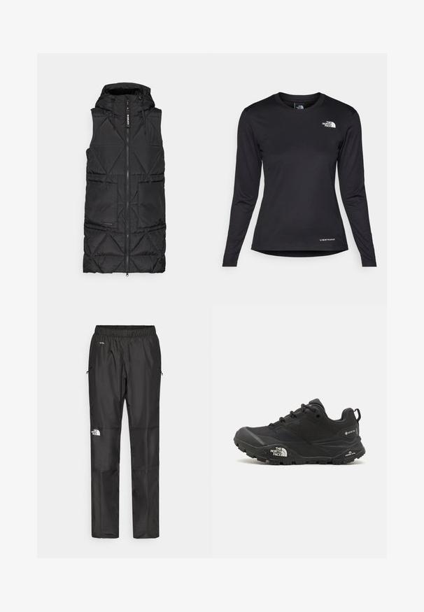 Black puffer vest with a hood, featuring a front zipper, diamond quilted pattern, and two side pockets. Soft, lightweight material.; The North Face SHADOW LONG SLEEVE - Long sleeved top - black; Black waterproof pants made from lightweight fabric, featuring an elastic waistband, side pockets, and a logo on the left leg.; Black hiking shoe with a textured upper, lace closure, and a chunky rubber sole featuring a prominent logo on the side and tread patterns.
