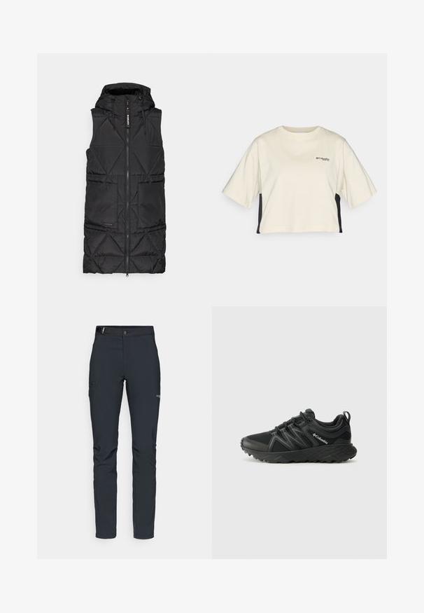 Schwarze Daunenweste mit Kapuze, ausgestattet mit einem Frontreißverschluss, einem diamantgequilten Muster und zwei seitlichen Taschen. Weiches, leichtes Material.; Cremfarbendes, kurzes T-Shirt mit Rundhalsausschnitt, kurzen Ärmeln und schwarzen Seitenpanelen; verfügt über ein kleines schwarzes Logo auf der Brust.; Herren Outdoor-Hosen, dunkelgrau, aus flexiblem Material, mit einem Gürtel, Reißverschlusstaschen und verstärkten Nähten.; Columbia PEAKFREAK - Hikingschuh - black