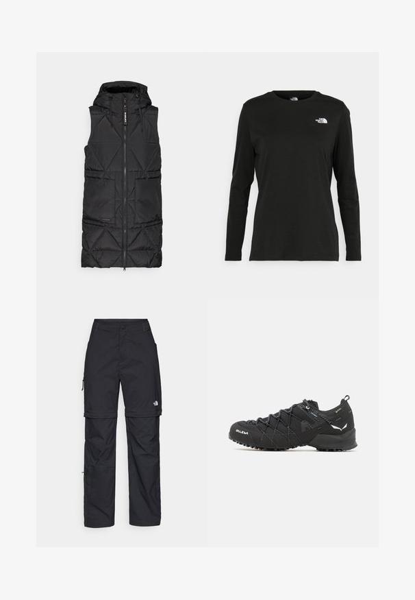 Must Black puffer vest, millekrae kappa, ees on esine lukk, teemantkihiline muster ja kaks külgpakki. Pehme, kerge materjal.; Must mustahiheline T-särk, millel on pikad varrukad, valmistatud puuvillast ja ümarast kaelusest. Vasakul rinnal on väike valge logo. Lihtne disain ja sobivus.; Mustad nailonist valmistatud eemaldatavad cargo-püksid, reguleeritavate pahkluudega, mitmete taskutega ja paremal jalal logoga. Sile, kerge tekstuur.; Mustad matkajalatsid tekstuurse kangas ülaosaga, sidumisüsteemiga ja jäiga kummitaldiga. Kaunistatud peegeldavate detailide ja logodega.