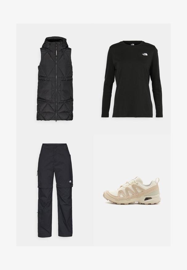 Vest negru umplut cu puf, cu glugă, dotat cu fermoar frontal, model cu diamante și două buzunare laterale. Material moale și ușor.; Iarna neagră cu mânecă lungă, din bumbac, cu guler rotund. Prezintă un mic logo alb în zona pieptului stâng. Design simplu și croi lejer.; Pantaloni cargo din nylon negru, cu fermoar detașabil, manșete ajustabile, multiple buzunare și un logo pe piciorul drept. Textură netedă și ușoară.; Pantofii sport bej și crem au un superior din plasă texturată, suprapuneri de susținere și o talpă din cauciuc cu un model de profil pentru aderență.