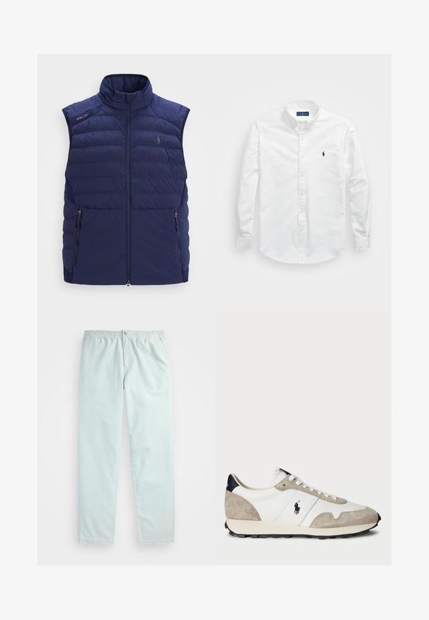 Colete sem mangas em azul-marinho, acolchoado, com gola alta, fecho frontal em zíper, bolsos laterais com zíper e logótipo bordado no peito.; Camisa branca de botão, feita de algodão. Apresenta um colarinho pontudo, mangas longas e um pequeno logótipo azul-marinho no peito. Textura suave.; Calças azul claro, de corte descontraído, com um cós elástico, apresentando bolsos laterais e um fecho de botão único na frente.; Sapatilha de camurça branca e bege com sola de borracha preta e logo da Polo na lateral, vista do lado de fora sobre um fundo branco.