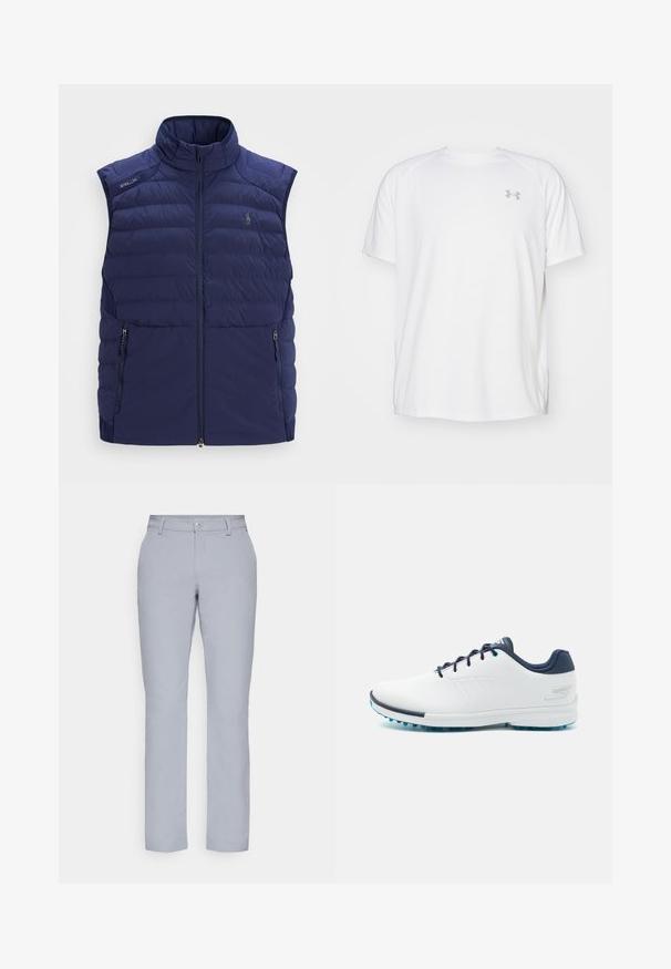 Námořnická modrá prošívaná bezrukávová vesta s výstřihem, předním zipem, bočními kapsami na zip a vyšitým logem na hrudi.; Bílé sportovní tričko s krátkým rukávem vyrobené z hladké látky. Má kulatý výstřih a šedé logo na levé straně hrudi, s bočními rozparky na lemu.; Světle šedé kalhoty s rovným střihem, zapínáním na knoflík, předními kapsami a hladkým, texturovaným materiálem. Minimalistický design, bez vzorů.; Bílé sportovní boty s hladkým syntetickým svrškem, modrými akcenty, texturovanou tmavě modrou patou a lehkou, hřebenovou podešví pro lepší přilnavost.