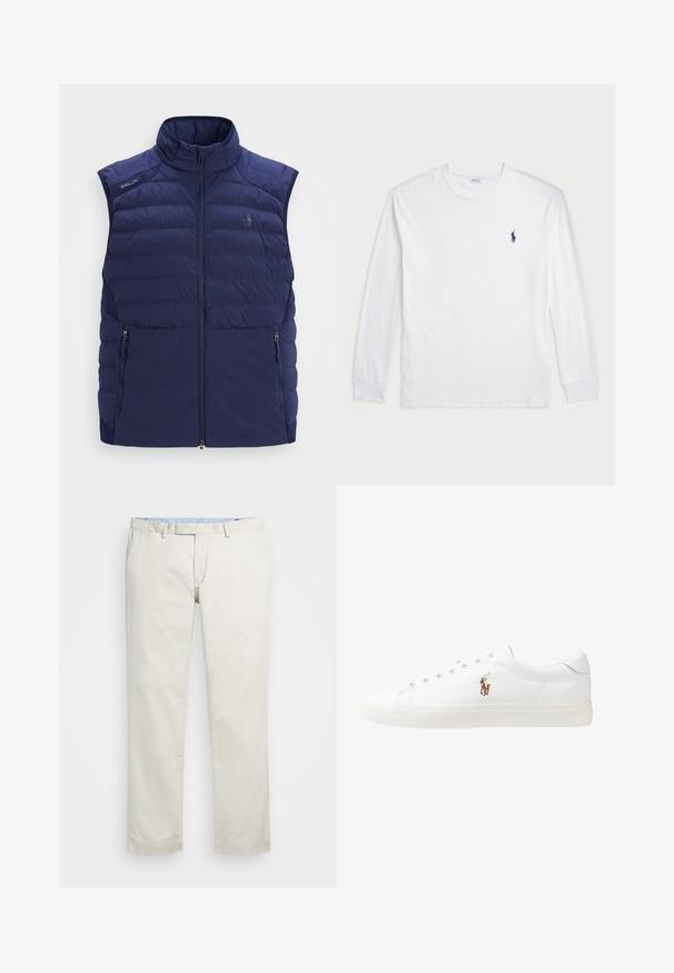 Námořnická modrá prošívaná bezrukávová vesta s výstřihem, předním zipem, bočními kapsami na zip a vyšitým logem na hrudi.; Bílé tričko s dlouhým rukávem vyrobené z bavlny. Má kulatý výstřih, žebrované manžety a malé námořnické modré logo polo na levé hrudi.; Béžové bavlněné chinos kalhoty s plochým předním dílem, poutky na opasek a bočními kapsami. Rovný střih s hladkou texturou a lehkým, prodyšným pocitem.; Bílé kožené tenisky, nízký střih, s hladkým povrchem, kulatou špičkou, šněrováním v přední části a malým vyšitým logem na boku.
