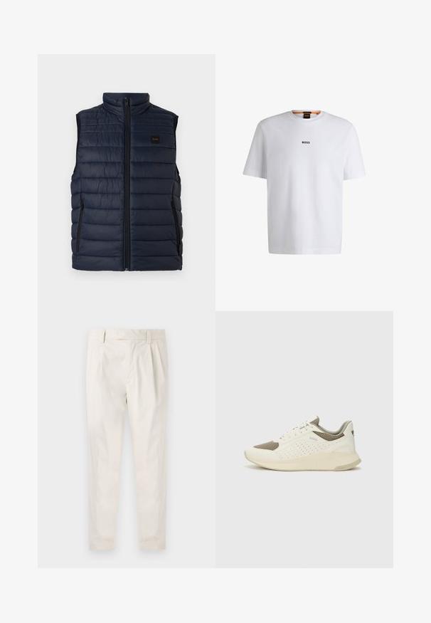Marineblå puffer vest med ståkrage, horisontalt kviltet design, frontlås og to glidelåslommer på siden. Lett, syntetisk materiale.; Hvit bomulls T-skjorte med korte ermer, med en svart "BOSS" logo sentrert på brystet og rund halsdesign.; Hvite, pregede bukser med skreddersydd passform, som har en jevn tekstur, beltehemper og avsmalnende ben. Ingen synlige lommer eller mønstre.; Hvit og lysebeige treningssko, med en mesh-overdel, perforerte detaljer og en teksturert mellomsåle med merkevare på hælen.