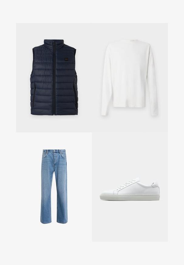 Jūras spēku klājējs ar uzstādītu apkakli, horizontālu kviltinga dizainu, priekšējo rāvējslēdzēju un divām rāvējslēdzēja sānu kabatām. Viegls, sintētisks materiāls.; Garums piedurkņu baltā kokvilnas krekls ar apaļu dekoltē, sānu šķēlumiem apakšā un gludu tekstūru, redzams no aizmugures.; Gai zilas džinsu bikses ar taisnām kājām, piecām kabatām, pogu aizvēršanu, minimālu izbalēšanu un kontrastējošiem šuvju elementiem.; Baltie sporta apavi ar gludu ādas virsu un zemu profilu. Iezīmējas ar noapaļotu purngalu, sešām acīm un teksturētu gumijas zoli.