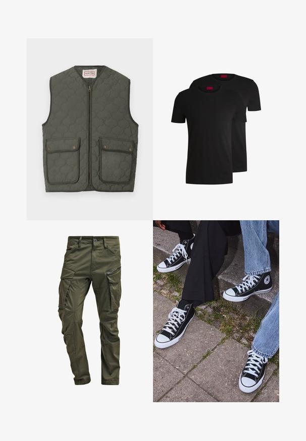 Pūšamā tumši zaļā veste ar paceltu apkakli, priekšējo rāvējslēdzēju un divām pogāmas kabatām. Ar smalku Hunter logo uz krūts.; Divas melnas kokvilnas t-krekli ar īsām piedurknēm un apkakli. Abiem ir sarkans zīmola uzlīmējums pie apkakles. Vienkāršs, klasisks dizains.; Olīvu zaļi kravas bikses, izgatavotas no izturīgas kokvilnas. Iespēj multiple kabatas, ar rāvējslēdzēju sānu kabatu un sašaurinātiem kāju galiem ar nedaudz teksturētu apdari.; Melni augstie kanvas sporta apavi ar baltām gumijas zolemi un šņorēm, ar apļa logotipu sānos, kombinēti ar džinsu un melnām biksēm.