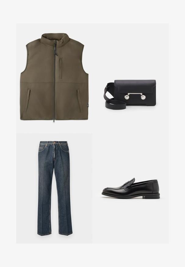Ärmellose braune gepolsterte Weste mit Frontreißverschluss, zwei unteren Taschen und einer vertikalen Brusttasche, flach auf einem weißen Hintergrund dargestellt.; Cremefarbener Strickpullover mit Polo-Kragen, gerippten Bündchen und Saum, ausgestattet mit einer vorderen Knopfleiste und weicher Textur.; Tiefblaue kurzärmelige T-Shirt mit weißem Text "neanche per sogno" zentriert auf der Brust, Rundhalsausschnitt, Größe M.; Dunkelblaue, gerade Jeans aus Denim mit vorderem Knopf, Reißverschluss, doppelten vorderen Taschen und sichtbaren vertikalen Falten entlang der Beine.; Schwarze Lederloafers mit glatter Textur, rundem Zehenbereich und einem dekorativen Riemen über dem Vorderfuß. Niedriger, gestapelter Absatz, minimalistisches Design.; Schwarze Leder-Umhängetasche mit Klappenverschluss, silberfarbener Hardware und zwei runden Akzenten. Verfügt über einen abnehmbaren Schulterriemen. Glatte Textur.