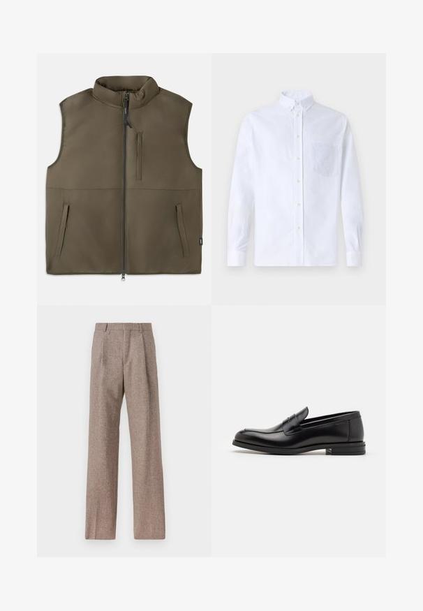 Ujjatlan barna párnázott mellény elöl cipzárral, két alsó zsebbel és egy függőleges mellszsebbel, fehér háttérre kifektetve.; Fehér, hosszú ujjú, gombos ing pamutból, mellzsebbel, tónusos hímzéssel, gallérral és gombos mandzsettával.; Barna, magas derekú nadrág texturált anyagból. Széles szárai és két elülső redője biztosítja a struktúrát. Ízléses kivitel, látható fémszerelés nélkül.; Fekete bőr loaferek sima textúrával, kerek orral és dekoratív pánttal a vampnál. Alacsony, rétegelt sarkú, minimalista dizájn.