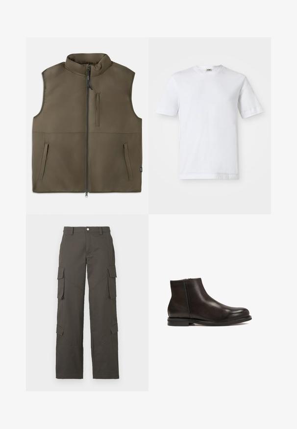 Brąwestalowy bezrękawnik z ociepleniem, z zamkiem błyskawicznym z przodu, dwoma dolnymi kieszeniami i jedną pionową kieszenią na piersi, wyeksponowany na białym tle.; Biała bawełniana koszulka z krótkim rękawem, okrągłym dekoltem i gładką teksturą. Brak widocznych wzorów lub akcentów.; Ciemnoszare, proste spodnie cargo z zapięciem na guzik i czterema kieszeniami z klapkami, dwiema na udach i dwiema w okolicy łydek.; Czarne skórzane botki za kostkę o gładkiej fakturze, zaokrąglonym nosku i niskim obcasie. Posiadają boczny zamek błyskawiczny ułatwiający zakładanie.