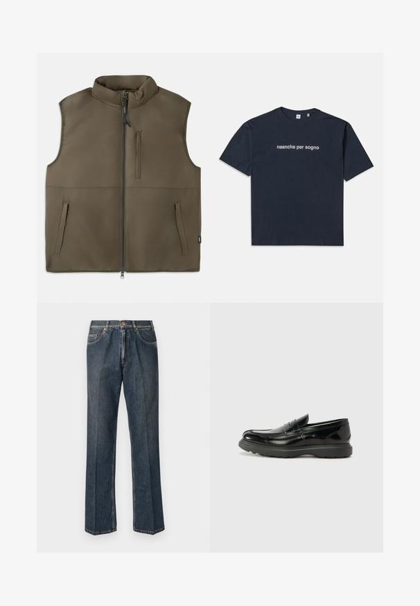Colete castanho acolchoado sem mangas com fecho frontal, dois bolsos inferiores e um bolso vertical no peito, exposto plano sobre um fundo branco.; T-shirt de manga curta azul marinho com o texto branco "neanche per sogno" centralizado no peito, gola redonda, tamanho médio.; Jeans de ganga de perna reta azul escuro com botão à frente, fecho de correr, dois bolsos frontais e vinco vertical visível ao longo das pernas.; Mocassim de couro preto com acabamento brilhante, bico arredondado, detalhes de costura subtil e sola de borracha espessa para durabilidade.