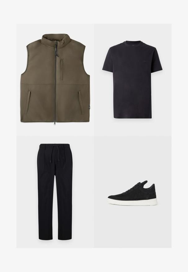 Hnedý bezrukávový prešívaný vest s predným zipsom, dvoma dolnými vreckami a jedným vertikálnym vreckom na hrudi, vystavený na bielom pozadí.; Čierne bavlnené tričko s okrúhlym výstrihom, krátkymi rukávmi a embosovaným logom na hrudi. Hladká textúra, uvoľnený strih.; Čierne nohavice vyrobené z hladkej tkaniny, s elastickým pásom a rovnými nohavicami, s prednými záhybmi pre štruktúrovaný vzhľad.; čierne semišové tenisky s bielou gumovou podrážkou, s tonálnym prešívaním a šnurovaním. Hladká textúra s moderným, zjednodušeným tvarom.