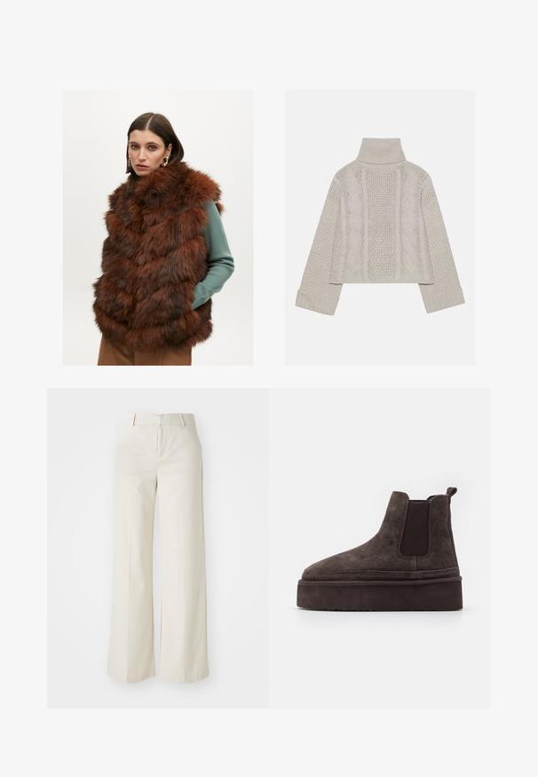 Umělá kožešinová vesta v bohatých hnědých tónech, s vzorem ve tvaru písmene V, silnou texturou a vysokým límcem. V kombinaci se zeleným topem s dlouhým rukávem.; Zkrácený svetřík v světle šedé barvě z pleteniny s vysokým límcem a žebrovanými manžetami, se strukturovanými kabelovými vzory na zádech a bocích.; Kalhoty s širokými nohavicemi v jasně béžové barvě, vyrobené z hladkého materiálu. Mají klasický pas a plochý přední díl s čistými liniemi.; Hnědé semišové Chelsea boty s elastickými bočními panely a silnou, texturovanou platformovou podrážkou. Obsahují poutko na patě pro snadné obouvání.