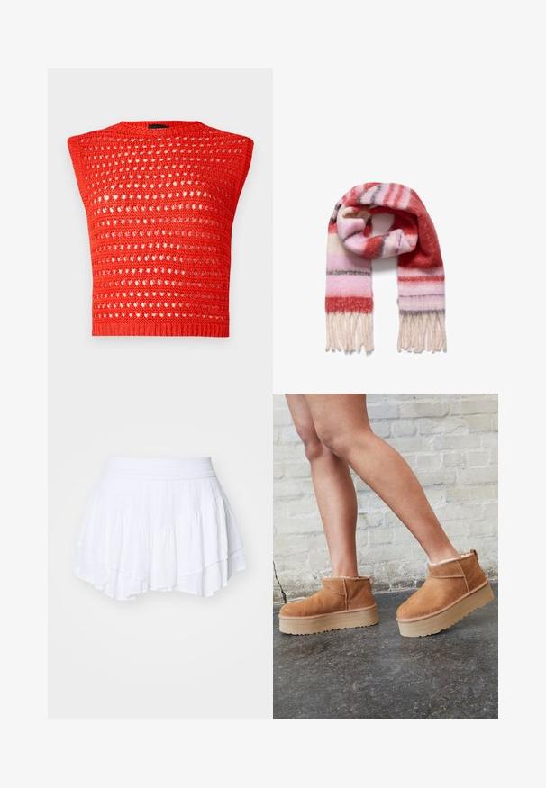 Rød strikket ærmeløs top med et tekstureret, åbent vævdesign, rund halsudskæring og en tætsiddende ribkant.; Lyse rosa striktrøje med et kabelmønster, brede ærmer og ribkant. Stoffet ser blødt og chunky ud, hvilket øger varmeeffekten.; Hollister Co. TIERED FEMME - Pliceret nederdel /Nederdele med folder - bright white; Brune ruskinds ankelsko med en blød foring, tyk beige plattformsål og en bageste løkke. Tekstureret overflade med synlige sømdetaljer.; Stribet tørklæde i blød, struktureret uld; har røde, pink og hvide striber med lette frynser i enderne.