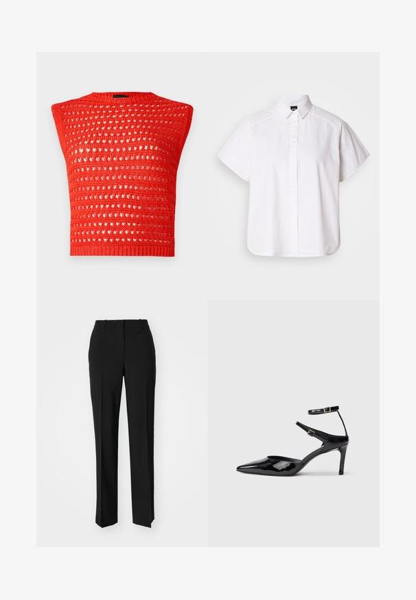 Punane kudumiseta ilma varrukateta topp, millel on tekstureeritud ja avatud kudumisstruktuur, ümar kaelus ja tiheda ribaga serv.; Valge lühikeste varrukatega nööpidega särk, millel on terav krae ja kõver hems. Valmistatud puuvillast, millel on sile tekstuur ja nähtamatud mustrid.; Mustad ja sirged püksid, millel on sile tekstuur ja teravad voldid esiosas. Ilma nähtavate detailideta.; Mustad nahast mustad kontsad terava ninaga, reguleeritavate pahkluu rihmade ja õhukese kontsaga. Sile tekstuur läikiva viimistlusega.