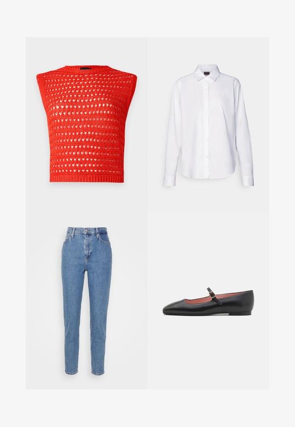 Rød strikket ærmeløs top med et tekstureret, åbent vævdesign, rund halsudskæring og en tætsiddende ribkant.; Hvid langærmet skjorte med knapper lavet af bomuld. Har en klassisk krave og diskret mærke-broderi på brystet. Glat tekstur.; Blå højtaljede lige jeans med frontknap og lynlås, bæltestropper og lommer, præsenteret på en ensfarvet hvid baggrund.; Sorte lædersandaler med spids tå og ankelrem, der har en gylden spænde. Glat tekstur med en let blank finish.