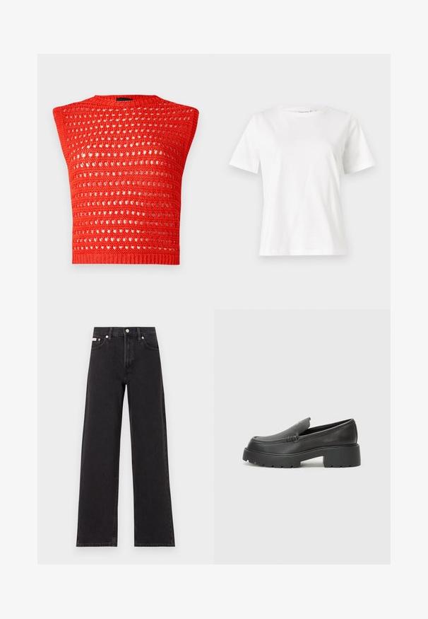 Sarkans adīts bez Piedurknēm tops ar teksturētu, atvērtu audumu, apaļu kakla izgriezumu un cieši pieguļošu ribotu apakšmalu.; Baltas kokvilnas T-krekls ar īsām piedurknēm, apaļu kakla izgriezumu un brīvu piegriezumu. Gluda tekstūra, bez rakstiem vai akcentiem, minimālistisks dizains.; Melni platmalu džinsi, kas izgatavoti no denima, ar augstu vidukli, piecu kabatu dizainu un metāla pogas aizdari ar kontrastējošu šuvumu.; Melnas ādas mokasīni ar noapaļotu purngalu, biezs teksturēts zoles un minimālas dūriena detaļas. Gluds dizains bez redzamām auklām vai metāla elementiem.