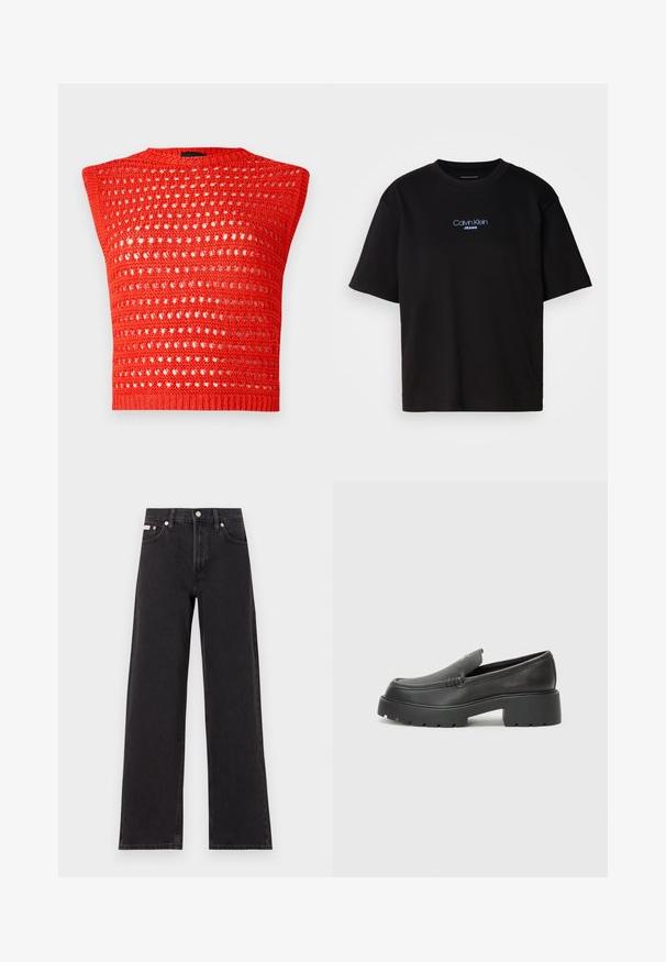 Red knitted sleeveless top featuring a textured, open weave design with a round neckline and a snug ribbed hem.; Black cotton t-shirt with a round neck, short sleeves, and blue embroidered "Calvin Klein JEANS" logo on the front.; Black wide-leg jeans made of denim, featuring a high-rise waist, five-pocket styling, and a metal button closure with contrasting stitching.; Black leather loafers with a rounded toe, thick textured sole, and minimal stitching details. Sleek design with no visible laces or hardware.