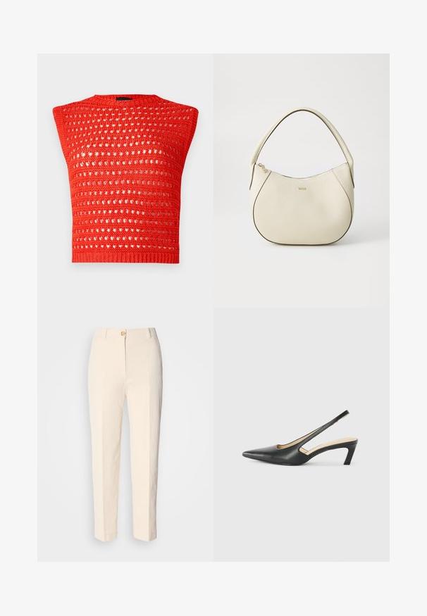 Top sin mangas de punto rojo que presenta un diseño de tejido abierto texturizado, con un cuello redondo y un dobladillo acanalado ajustado.; Camiseta de algodón blanca con mangas cortas, cuello redondo y un pequeño logo en el pecho. Textura suave y dobladillo recto.; Pantalones de color crema, de cintura alta, hechos de tela texturizada. Cuentan con un cierre de botón en la parte frontal y piernas ajustadas.; Zapato negro de punta afilada tipo slingback con un tacón bajo, que presenta un material de cuero suave y un diseño recortado en el lateral para mayor transpirabilidad.; Bolso color crema con acabado texturizado, forma curvada, asa corta y detalle del logotipo en tono dorado. Cierre con cremallera en la parte superior.