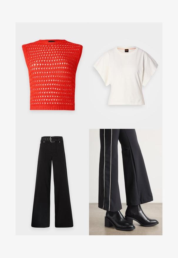 Top senza maniche lavorato a maglia rossa con un design a trama aperta testurizzata, scollo rotondo e un orlo a costine aderente.; T-shirt bianca cropped, maniche corte e larghe, tessuto di cotone morbido, scollatura rotonda con bordino arancione sottile, design minimale, senza motivi o grafiche.; Pantaloni neri a gamba larga realizzati in cotone, con vita alta, ampie tasche laterali e vita con cintura arricchita da dettagli in metallo argentato.; Stivaletti in pelle nera con tacco a blocco, dotati di pannelli elastici sui lati. Abbinati a pantaloni neri con una striscia bianca laterale.