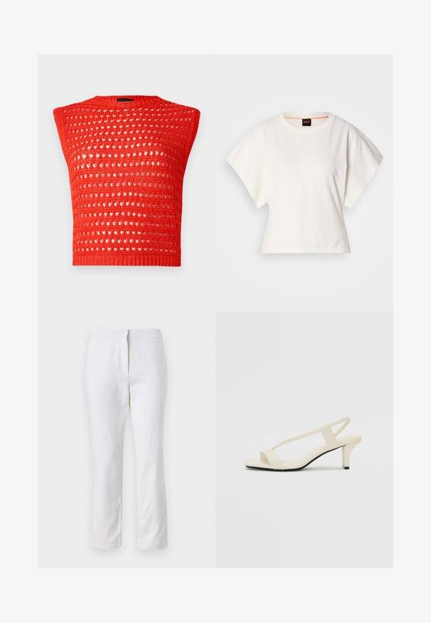 Crvena pletena bezrukavna majica s teksturiranim, otvorenim tkanjem, okruglim izrezom i uskim rebrastim rubom.; Bijeli skraćeni T-shirt, široke kratke rukave, mekani pamučni materijal, okrugli izrez s suptilnim narančastim detaljem, minimalistički dizajn, bez uzoraka ili grafika.; Bijele pamučne hlače ravnog kroja, sa strukom srednje visine i bez vidljivih metalnih dijelova ili uzoraka. Glatka tekstura kroz cijelu dužinu.; Bež sandale na blok petu s tankim remenčićima i kvadratnim vrhom. Glatki materijal s minimalnim detaljima, dizajnirane za jednostavno nošenje.