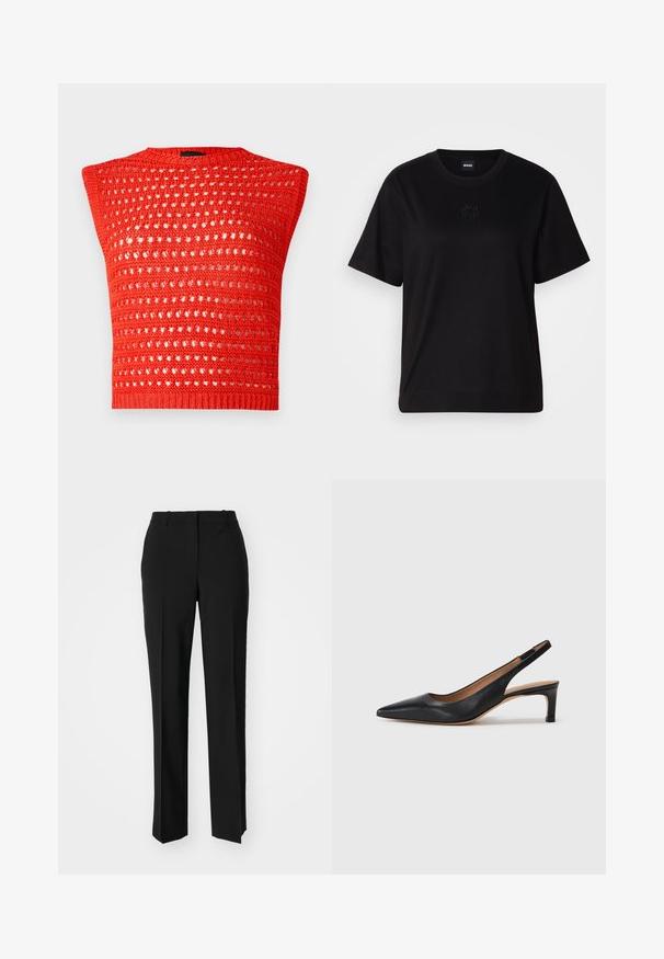 Czerwona, dziana bezrękawnik z teksturowanym, otwartym splotem, okrągłym dekoltem i ściśle przylegającym, prążkowanym dołem.; Czarny bawełniany t-shirt z okrągłym dekoltem, krótkimi rękawami i haftowanym logo na piersi. Prosty, luźny krój bez wzorów.; Czarne spodnie o dopasowanym kroju z prostymi nogawkami, o gładkiej fakturze i wyraźnych zagięciach z przodu. Bez widocznych elementów metalowych.; Czarne skórzane czółenka na potylicy z wydłużonym noskiem, niskim obcasem i gładką fakturą. Posiadają cienki, regulowany pasek zapewniający pewne dopasowanie.