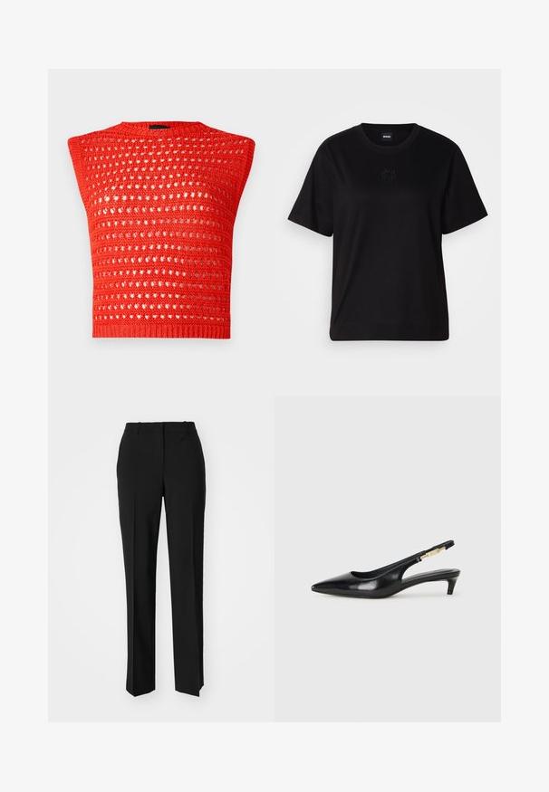 Débardeur sans manches en tricot rouge avec un design en tricot ouvert texturé, un col rond et un ourlet côtelé ajusté.; T-shirt en coton noir avec un col rond, des manches courtes et un logo brodé sur la poitrine. Coupe simple et décontractée sans motifs.; Pantalon noir ajusté avec une coupe droite, présentant une texture lisse et des plis nets sur le devant. Aucune quincaillerie visible.; Talons hauts en cuir noir avec un bout pointu, dotés d'un talon fin et d'un accent en ton or sur la lanière réglable. Texture lisse.
