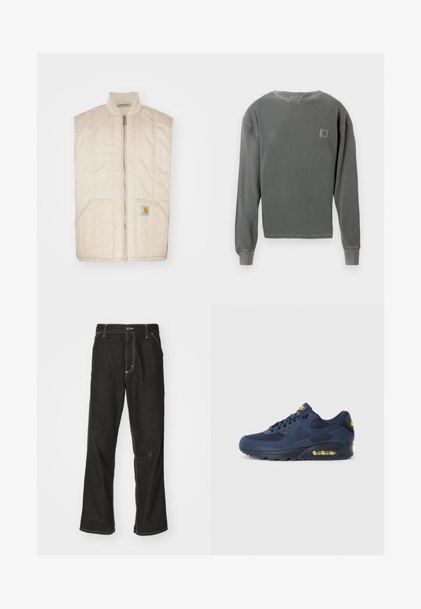 Hellbeige ärmellose Weste mit Reißverschluss auf der Vorderseite, seitlichen Taschen und gestepptem Textil. Verfügt über ein kleines quadratisches Logo auf der linken Tasche.; Grauer Langarm-Sweatshirt mit Rundhalsausschnitt und gerippter Textur, ausgestattet mit einem kleinen quadratischen Logopatch auf der linken Brust und gerippten Bündchen.; Schwarze Denim-Jeans mit lockerer Passform, kontrastierenden weißen Nähten, einem Knopfverschluss und geradem Bein.; Dunkelblaue Nike Air Max Sneaker mit Obermaterial aus Wildleder und Mesh, ausgestattet mit gelben Akzenten, Schnürung vorne und sichtbarer Luftpolsterung in der Sohle.