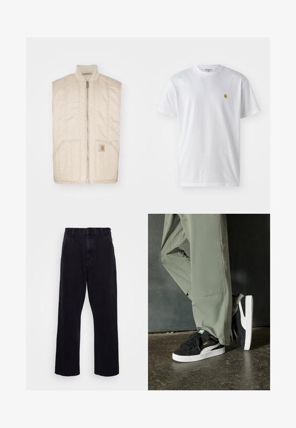 Helebeegelise varrukateta vest, millel on esiküljel lukkk, külje taskud ja tikanditega tekstuur. Vasakul taskul on väike ruudukujuline logo.; Valge puuvillane t-särk lühikeste varrukatega, ümmargune kaelus, millel on väike kuldne logo vasakul rinnal. Pehme tekstuur ja regulaarne lõike.; Mustad denimitüüpi püksid otse lõikega, varustatud nööbi ja tõmbluku kinnitusega, vöörihmadega ning minimaalsete õmbluse detailidega.; Mustad nubukist spordijalatsid valgete kummist tallade ja külgriidega, koos heleda rohelise cargo-pükstega, seistes tekstureeritud tumedal pinnasel.