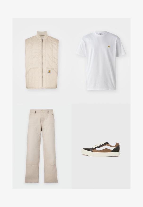 Šviesiai smėlinės spalvos be rankovių liemenė su priekiu užtrauktuku, šoninėmis kišenėmis ir siuvinėtu tekstūros paviršiumi. Dydis su mažais kvadratiniais logotipais kairėje kišenėje.; Balta medvilnės marškinėliai su trumpomis rankovėmis, apvalia iškirpte, kuriuose kairėje krūtinės pusėje yra mažas auksinis logotipas. Minkšta tekstūra ir reguliari forma.; Bežiniai medvilniniai džinsai tiesaus kirpimo, su dviem priekinėmis kišenėmis ir dviem užtrauktukų akcentais. Pabrėžti auksinės spalvos detalės.; Juodi ir rudi sportbačiai su baltais akcentais, pagaminti iš kanapių medžiagos, žemo profilio dizainas, apvalus pirštas ir smėlio spalvos guminis padas. Savybė - kontrastinga siuvimas.