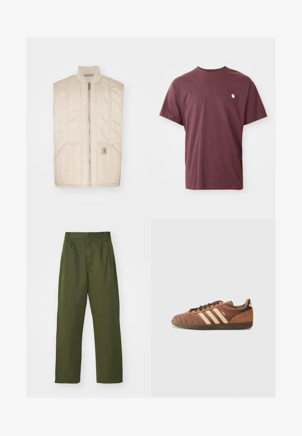 Svijetlosmeđi prsluk bez rukava s prednjim zatvaračem, bočnim džepovima i kviltanom teksturom. Ima mali kvadratni logo na lijevom džepu.; Bordo pamučna majica kratkih rukava, okruglog izreza, s malim bijelim logom na lijevoj strani prsnog koša. Glatka tekstura, opušteni kroj.; Maslinasto zelene hlače viskog struka s ravnim nogavicama. Izrađene od lagane tkanine, s prednjim nabranim detaljima i zatvaranjem na dugme.; adidas Originals SAMBA UNISEX - Tenisice - preloved brown/sand strata/dark brown